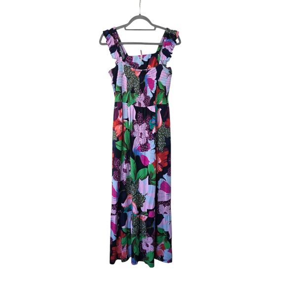 Soma Dark Tropical Floral Smocked Ruffle Straps Pockets Tiered Maxi Dress, Large - Picture 1 of 12